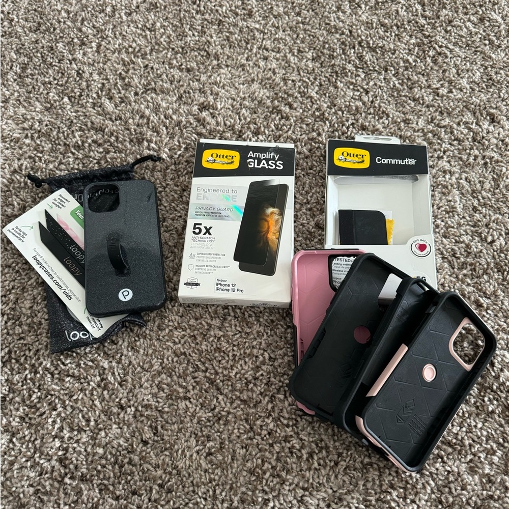 iPhone 12/Pro Loopy Case, Privacy Glass Shield NEW and Otterbox Commuter Cases